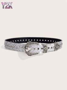 Cinto de Strass Y2K para Mulheres, Estilo Retrô Americano, Combinado com um Cinto Único (Prata ou Preto)