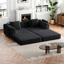 Chenille 2-In-1 Sofa Bed With Armrest Storage Pocket, Three Metal Frames And Multiple Configuration Options - Black + Chenille + 2 Seat - View 9