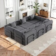 Chenille 2-In-1 Sofa Bed With Armrest Storage Pocket, Three Metal Frames And Multiple Configuration Options - 灰色+雪尼爾+6座 - 查看 3