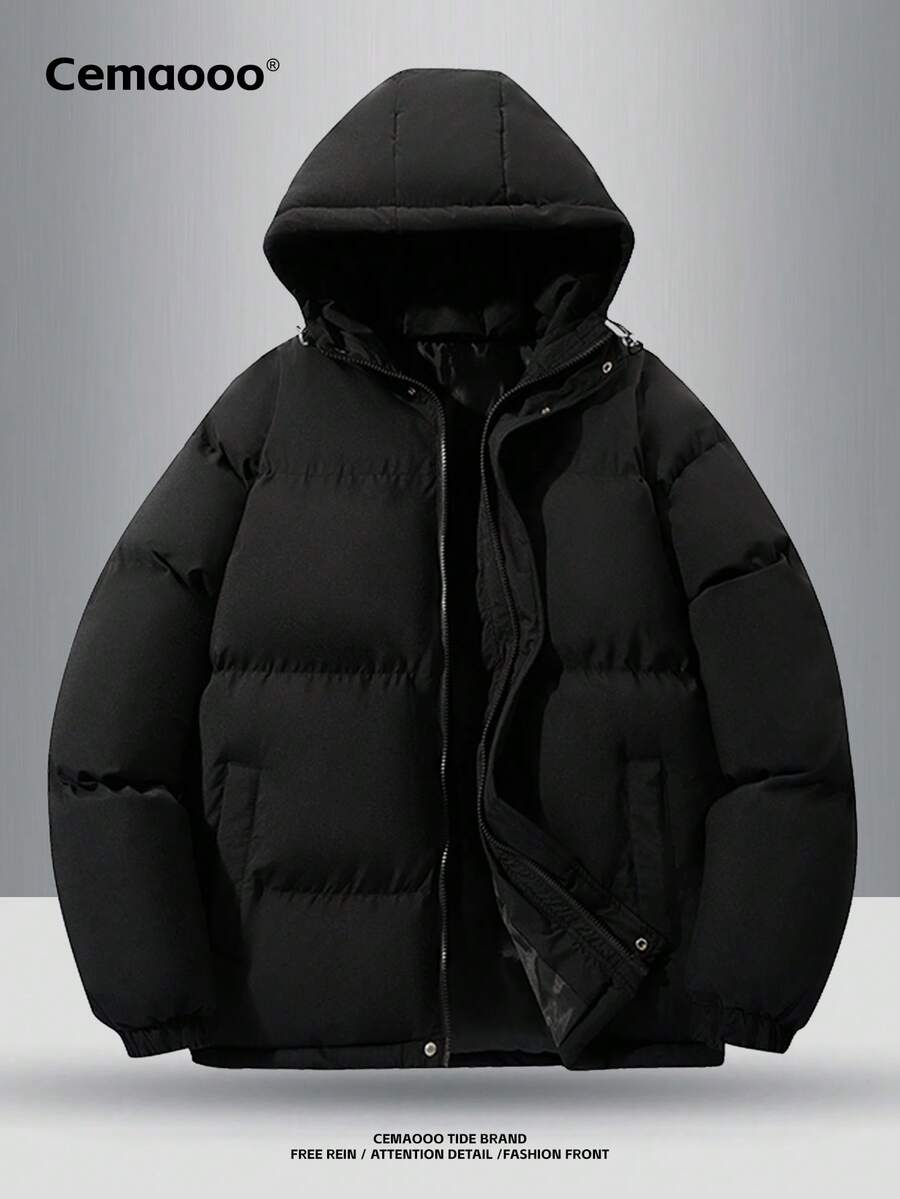 Men's Winter Fleece Lined Casual Jacket, Fashionable And Versatile With Side Pockets, Windproof Cuffs, Comfortable And Soft Lining, Stand Collar With Hood - màu đen - Xem 1