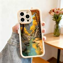 Cubierta de telefono con borde negro diseño paisaje otonal rio entre montanas hojas amarillas y verdes para uso diario y viajes - Negro - Ver 3