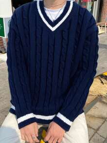 1pc V-Neck Sweater, Casual & Fashionable College Style For Teenage Boys, Autumn/Winter