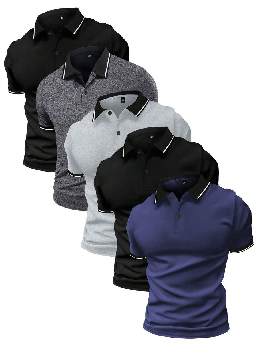 5件套男士高尔夫服装,包括POLO衫、短袖T恤、运动休闲户外运动POLO衫、纯色百搭经典款运动训练服、篮球足球橄榄球高尔夫夏季服装 - 彩色 - 查看 1