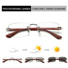 Men And Women Frameless Photochromic Glasses Square Frame Sunglasses Simple Casual Non-Prescription Glasses - 金色框黃色腿[變灰色] - 查看 7