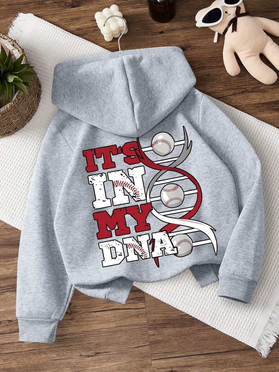 Tween Boy Casual Simple Baseball Printed Sporty Style Sweatshirt Boys Long Sleeve Hooded Sweatshirt Autumn And Winter Kids Boys Clothing - Grey - View 1