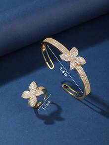 2pcs Copper Bracelet & Ring Jewelry Set, Floral Zirconia Design, Fashionable & Charming, Suitable For Gifts And Daily Wear - 026224 - View 7