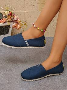 1 Pair Women's Canvas Slip-On Shoes, Low-Top, Comfortable, Fashionable, Breathable, Minimalist, Lightweight, Non-Slip, Versatile, Solid Color, Flat Loafers - Blue - View 4
