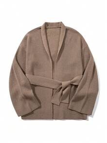 Áo cardigan nữ tay dài, màu trơn, họa tiết sọc dọc, dáng rộng, cổ chữ V, thắt eo, chất liệu nhẹ, thích hợp cho mùa xuân, thu và đông. - Màu Khaki - Xem 3