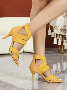 Sandálias femininas de salto alto, modelo gengibre, com tiras elásticas cruzadas no estilo romano, perfeitas para a primavera e o verão. - Gengibre - Ver 2