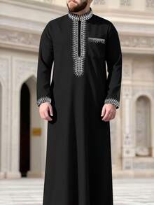 Moroccan Men's Robe, Long Sleeve Embroidered Stand Collar Zip Design, Fashionable Men's Arabic Festival Traditional Clothing - Black and White - View 3