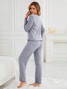 两件套女士纯色荷叶边休闲睡衣套装，长袖蝴蝶结装饰圆领上衣和裤子，舒适宽松版型，适合秋季穿着，两件套 - 淺灰色 - 查看 2