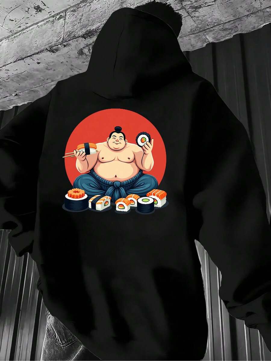 Men's Anime Sumo Wrestler And Sushi Print Hoodie - Japanese Cultural Clothing, Loose Fit With Front Pocket, Machine Washable, Suitable For All Seasons, Fun Anime Clothing Gift (Black/Red/White/Beige) - Sumo Wrestler Clothing Set - 黑色 - 查看 1
