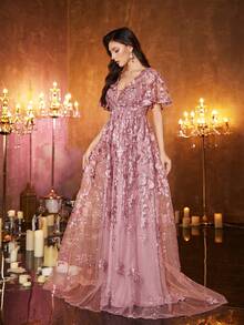 Damen Kleid mit tiefem V-Ausschnitt, rückenfreiem Design und Rüschenärmeln, Mesh-Stickerei-Patchwork, taillierter Schnitt, ausgestellter Rock, elegantes Abendkleid für Partys - Rot-violett - Übersicht 6