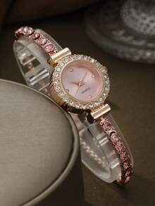 1pc Women's Pink Rhinestone Adjustable Bracelet Watch, Elegant Quartz Watch With Rhinestone Dial, Suitable For Daily Matching, Birthday, Gift For Her, Anniversary, Year-End Promotion, Singles' Day, Halloween Promotion, No Gift Box - Pink - View 3
