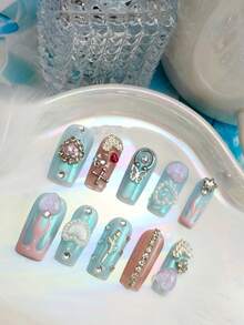 10pcs Glossy Y2K French Western Ocean Nail Art, Pink Nails, Red Nails, Light Blue Nails, Shiny Nails, 3D Handmade Starfish & Shell Decor, 3D Hand-Painted Wavy 3D Colorful Carved Rectangle Acrylic Nails, Perfect For Bikini Beach Matching. - 彩色 - 查看 11
