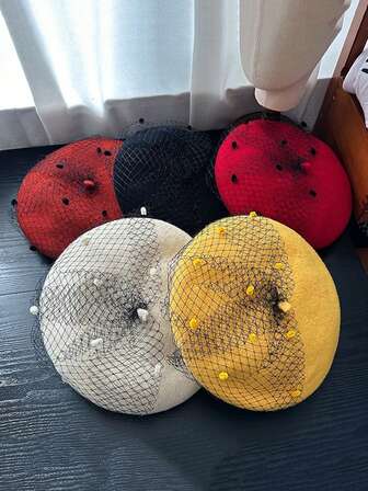1 st fransk retro mesh ullhatt för höst och vinter, elegant Hepburn-stil spetsbasker