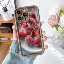 Cubierta de teléfono con borde negro diseño de frutas rojas con escarcha para iPhone 14 Pro Max estilo minimalista ideal para uso diario y trabajo - Café integral - Ver 2