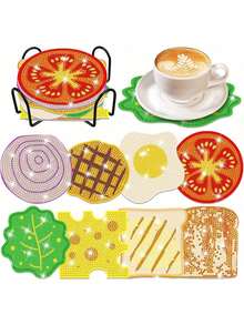 8 件食物主题钻石画杯垫带支架，DIY 钻石艺术杯垫套件，适合初学者艺术和手工艺 - 灰色 - 查看 9