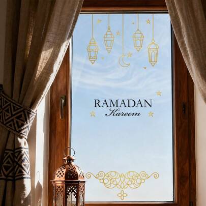 Ramadan Golden Lantern Pendant Stickers, Star And Moon Pendant Glass Window Stickers, Festival Shop Window Beautification Stickers, Ramadan Party Stickers, Home Decoration