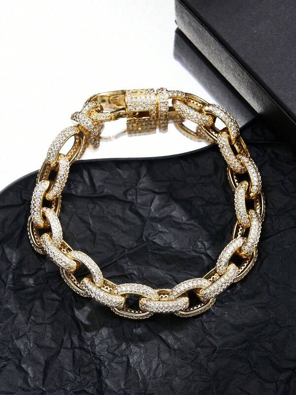 1pc 18K Gold/Platinum Plated Fully Cubic Zirconia Studded Unisex Luxury Hiphop Bracelet, Suitable For Daily Wear, Party, Gift