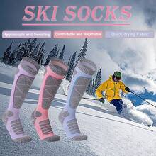 女士均码冬季滑雪袜，保暖加厚，带螺纹袜口，氨纶材质毛巾袜，透气速干，防滑耐磨，吸汗速干，适合女性青少年户外运动，如滑雪、登山、徒步、足球等，长筒运动袜，圣诞礼物之选。