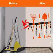 Organizador de ferramentas de aço inoxidável reforçado com 4 compartimentos e 5 ganchos, prateleira de parede laranja para ferramentas de jardinagem, vassouras, esfregões e equipamentos de garagem - Design robusto que economiza espaço, construção durável, perfeito para entusiastas do faça você mesmo. - Laranja - Ver 3