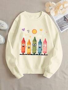 2026 New Year Outfit Women's Round Neck Sweatshirt - Olive Green Casual Pullover With Cute Crayon Pattern, Machine Washable Daily Sweater, Suitable For Art Teachers, Kindergarten Teachers' Fun Educational Clothing Gift, Cute Sweatshirt, Essential For Art Teachers, Kindergarten Dress Up, Cartoon Print Design, Comfortable Fit, Durable Fabric Loose And Comfortable Winter Clothes For Women - 杏色 - 查看 12