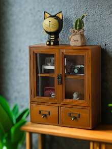 1pc Vintage Wooden Double Door Display Cabinet, Multipurpose Storage For Collectibles, Cosmetics, Coffee Cups, Decorative Drawers Organizer Box, Jewelry Box Gift (Acrylic Has Protective Film, Please Remove Before Use) - Brown - View 3