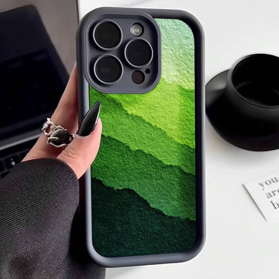 Cubierta de teléfono con borde negro y diseño degradado verde para iPhone 14 Pro Max con patrón de textura natural ideal para uso diario y estilo moderno - Burdeos - Ver 1