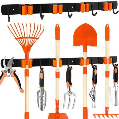 4-Slot 5-Hook Heavy Duty Stainless Steel Tool Organizer Rack, Wall Mounted Orange Storage Shelf For Gardening Tools, Brooms, Mops, Garage Equipment - Sturdy Space-Saving Design, Durable Construction, Perfect For DIY Enthusiasts