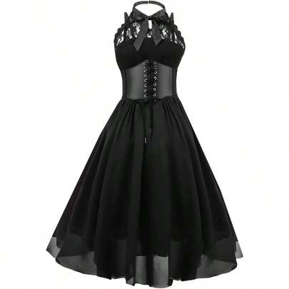 Women's Sleeveless Gothic Lace Dress With Corset Halter Lace Swing Cocktail Dress