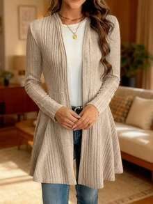 Women's Elegant Oversized Cardigan Sweater - Soft Medium Stretch Longline Coat With Collar & Sleeves, Hand Washable Casual To Semi-Formal Blazer Jacket For Fall/Winter Layering (Grey/Black) - Màu Khaki - Xem 3