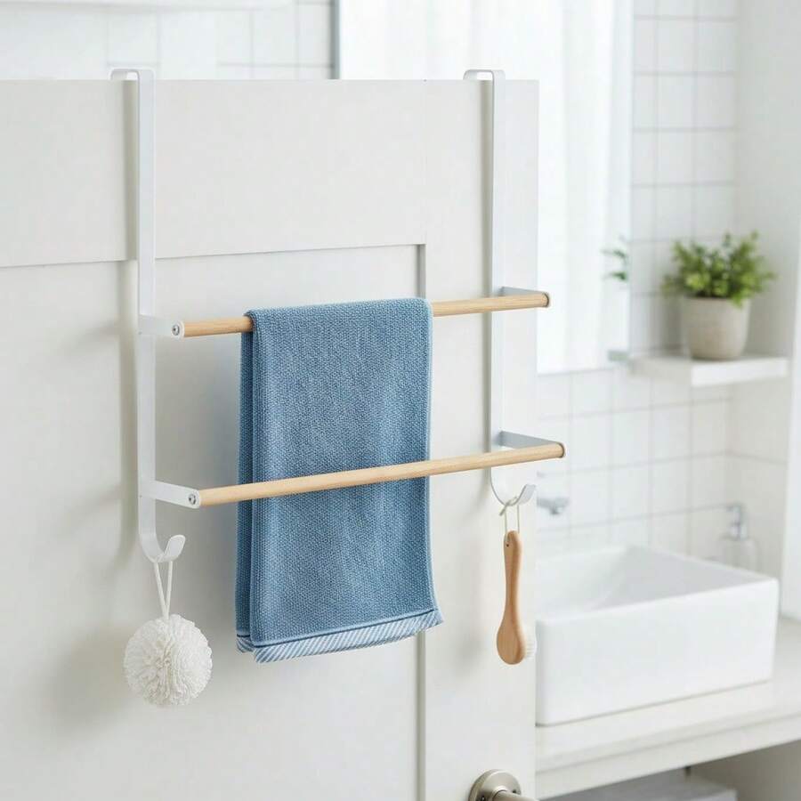 Toalheiro de sobrepor. Móvel prático para banheiro. Fácil instalação e materiais de alta qualidade. Aproveita o espaço atrás da porta. Disponível em 3 modelos. - Bambu + Metal Branco - Ver 1