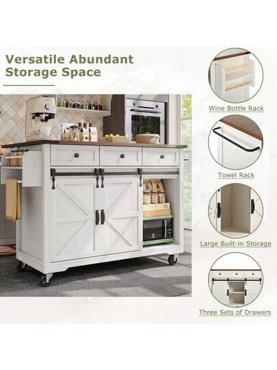 Kitchen Isl Serving Cart Countertop, Cabinet, Trolley, Food Four Doors Two Drawers, Wood Finish view 9