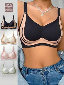 4-Pack Black, Pink, White,Green No-Wire, Seamless, Contrasting Women's Underwear, Push-Up, Side-Pull Bras, Breathable And Comfortable Sports Bra Pads With Built-In Bras, Elegant And Soft For Everyday Home Wear - Multicolor - View 9