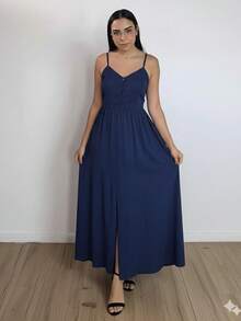 Long Dress In Viscose Linen, Plain, With Thin Straps, Buttons Down The Front, Padded Cups And Lining. Elasticated Back. - Navy Blue - View 3