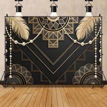 1PC Jazz Age Background Cloth, Designed In Black And Gold, 1920s Jazz Age Vintage Luxury Party Decoration With Elegant Feather And Pearl Pattern, Featuring Bold Geometric Design In Gold And Black, Perfect For Photography Background, Birthdays, Weddings, Anniversaries, And Themed Party Decorations. Vintage 1920s Theme With Gold And Black Stripes In Beige/Grey/Black Tones. - Multicolor - View 4