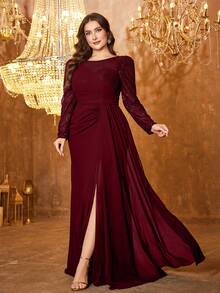 圆领露背亮片拼接连衣裙，公主长袖，腰部收褶，高开衩雪纺裙摆，伴娘晚礼服，春季婚礼派对礼服 - 酒紅色 - 查看 4