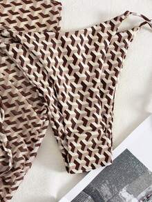 Conjunto de biquíni de 3 peças com estampa total, estampa sólida em toda a peça, estilo boêmio fofo, elegante e sexy, para férias casuais na praia com amarração frontal e costas abertas. - Castanho - Ver 6