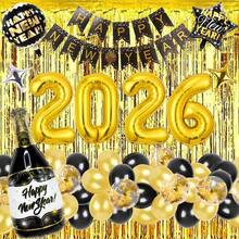 2026 New Year Party Decorations Set Black Gold Happy New Year Banner 2026 Foil Number Balloons Champagne Bottle And Star Balloon Gold Fringe Curtain Latex Confetti Balloons NYE Party Supplies