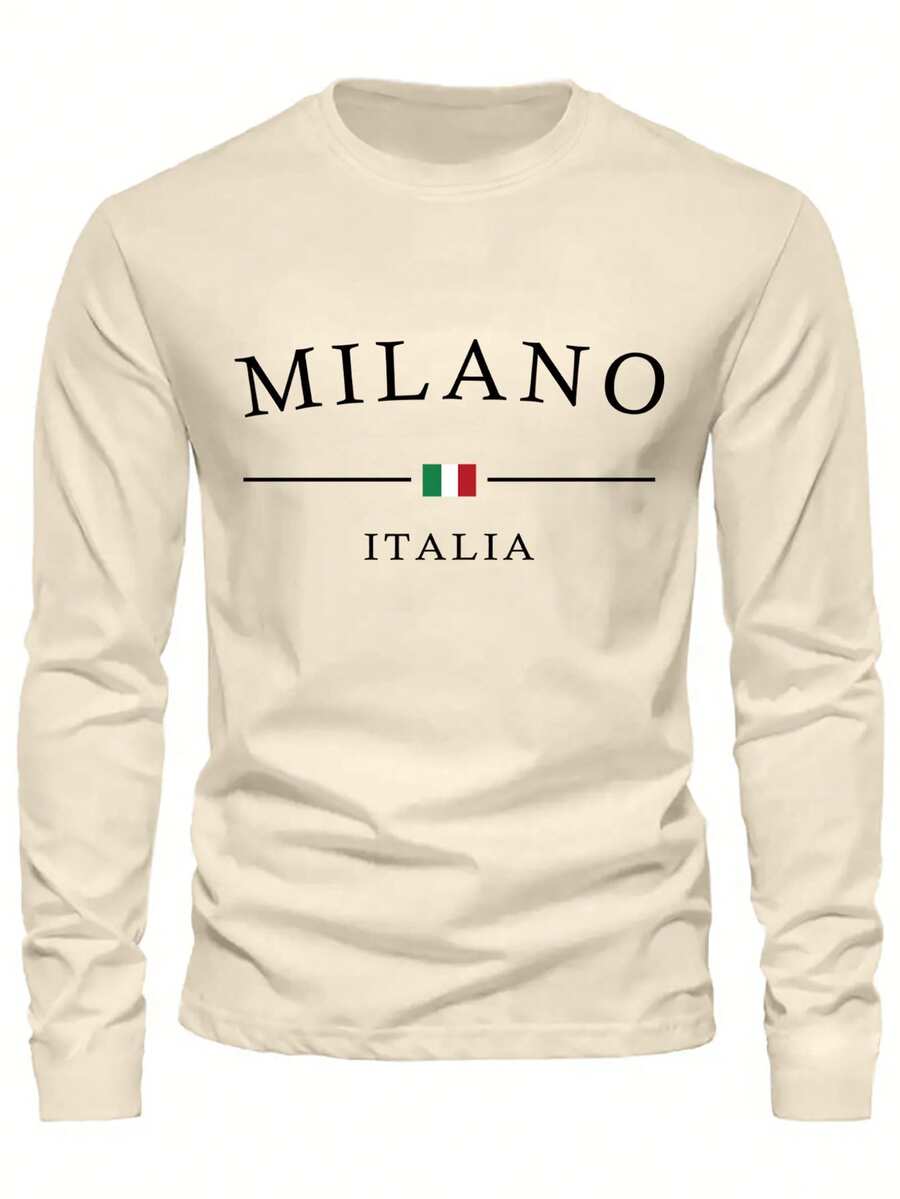 男士圆领长袖字母印花休闲T恤，适合秋季日常穿着 - 杏色 - 查看 1