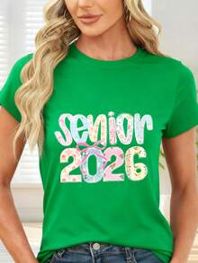T-Shirt With Floral Print And Text Senior 2026 For Graduation - Green - View 6