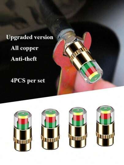 4 Pcs Tire Pressure Gauge Indicator Light Alarm Monitoring Valve Cap Tire Pressure Monitoring Detection, Suitable For 30-35PSI Tire Pressure Gauge Green Indicator Light Display, No Battery Required