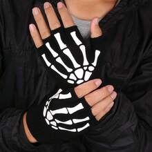 黑色荧光半指手套 万圣节幽灵爪针织手套 时尚派对男女通用装扮发光手套 - 彩色 - 查看 1