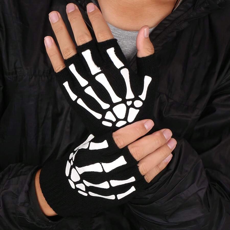 黑色荧光半指手套 万圣节幽灵爪针织手套 时尚派对男女通用装扮发光手套 - 彩色 - 查看 1