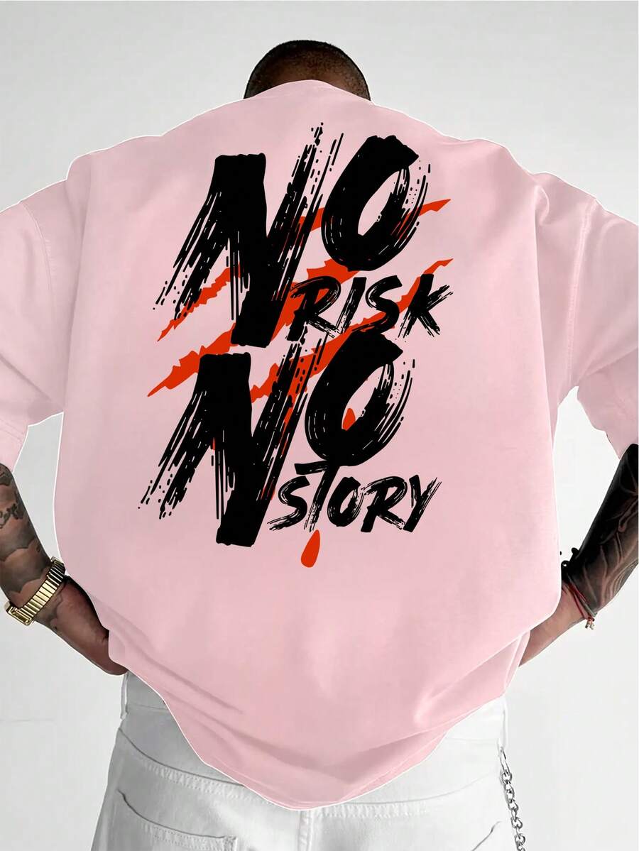 Camvyn WHITE SHARK 男士休闲时尚街头标语印花落肩宽松透气短袖T恤，夏季 - 粉色 - 查看 1