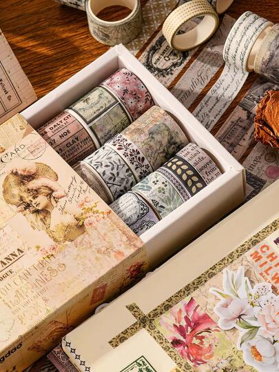 20 Rolls Vintage Washi Tapes Set, Literary Retro Plants Flowers Gold Stamping Paper Adhesive Masking Tape, Decoration Stickers For Diary Album DIY Craft Gift Wrapping