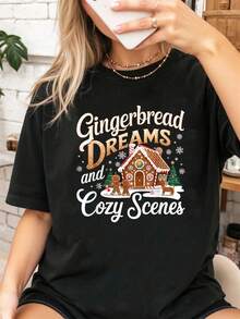 100% Cotton Funny Christmas Gingerbread House Cozy Winter Holiday Baking T-Shirt Christmas Outfit Women - 黑色 - 查看 1