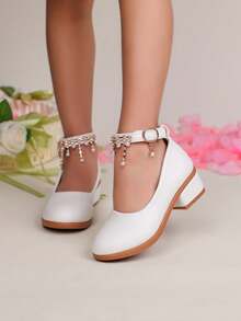 1 Đôi giày cao gót quai mảnh đính ngọc trai trắng thời trang cho bé gái, thiết kế theo phong cách công chúa, thích hợp cho các bữa tiệc và mặc hàng ngày - trắng - Xem 3