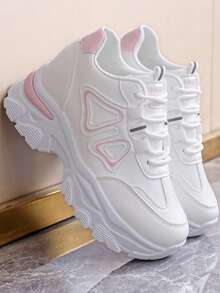 女士春秋新款厚底运动鞋，皮革鞋面拼接透气厚底休闲鞋，轻便系带时尚黑/白/粉色运动休闲运动鞋 - 粉色 - 查看 6